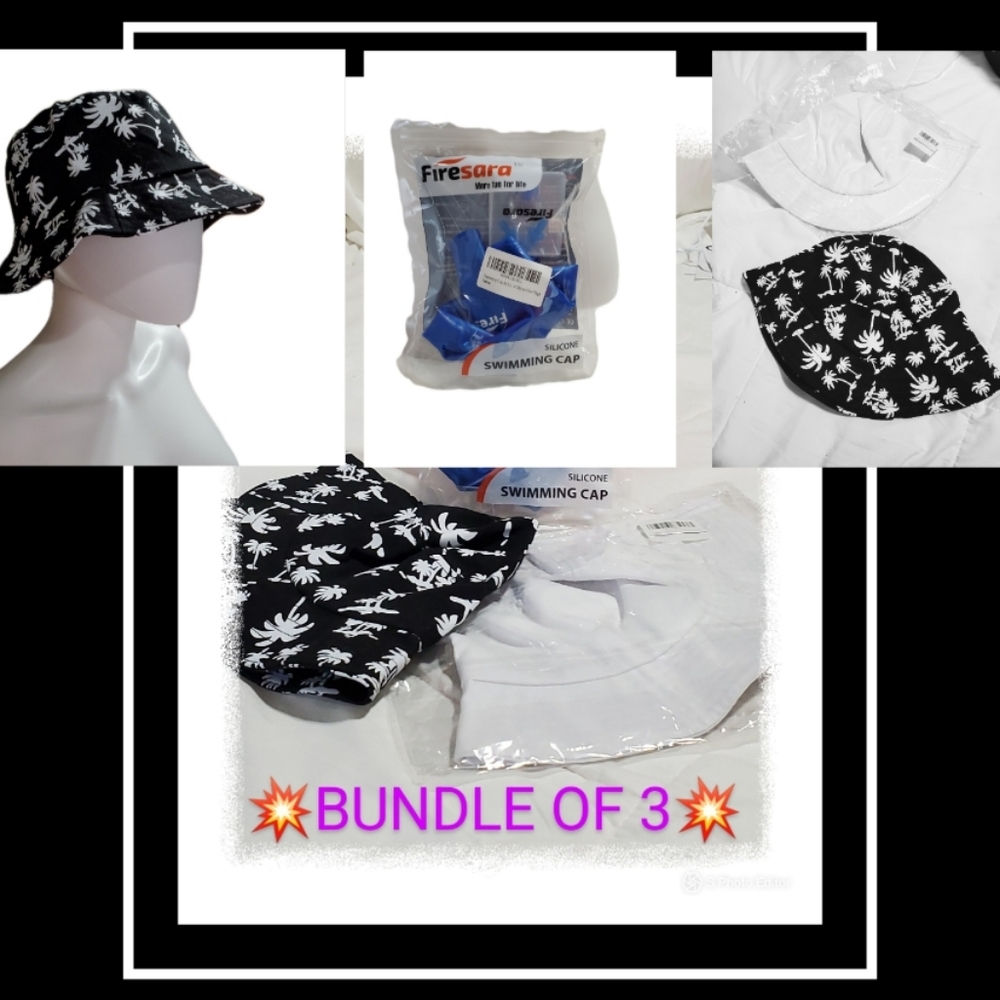 UNISEX 2 BUCKET HATS SWIMMING CAP W EAR PLUGS HAT 👍BEACH CAMPING FISHING SHADE
